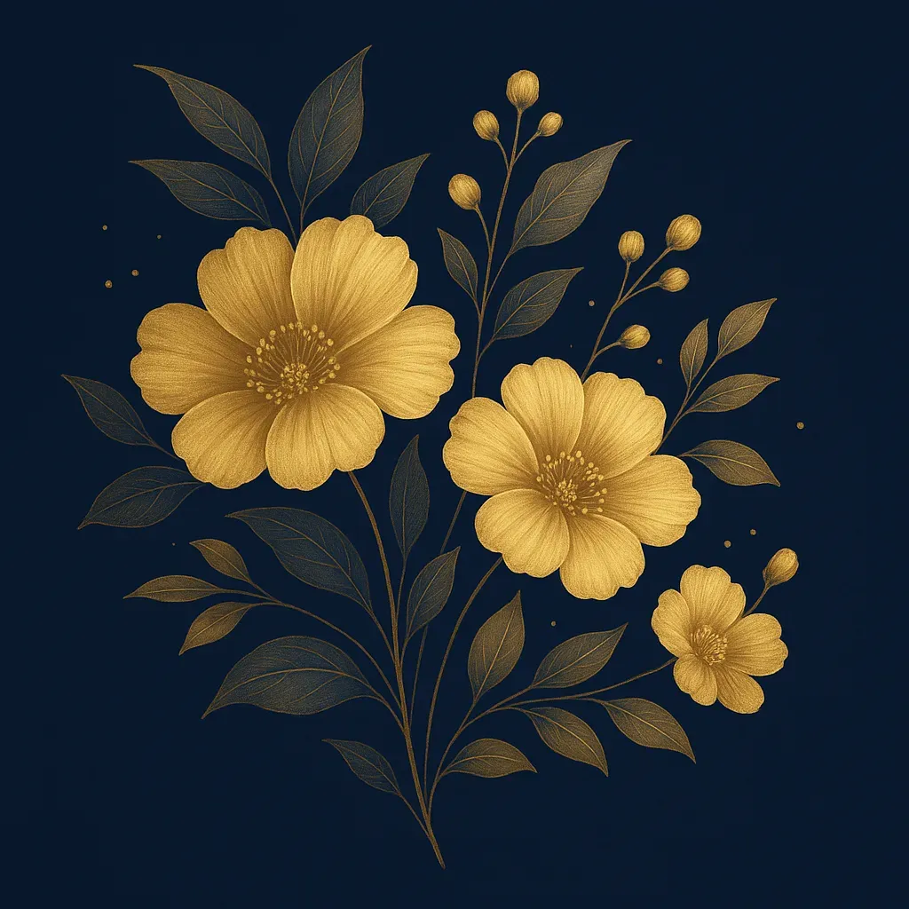 Illustration dorée de fleurs champêtres sur fond bleu nuit.