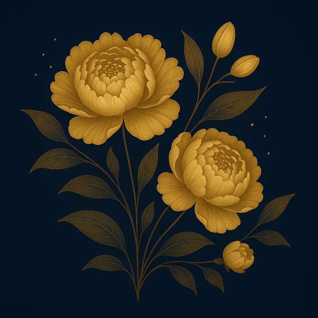 Illustration dorée de pivoines élégantes sur fond bleu nuit.