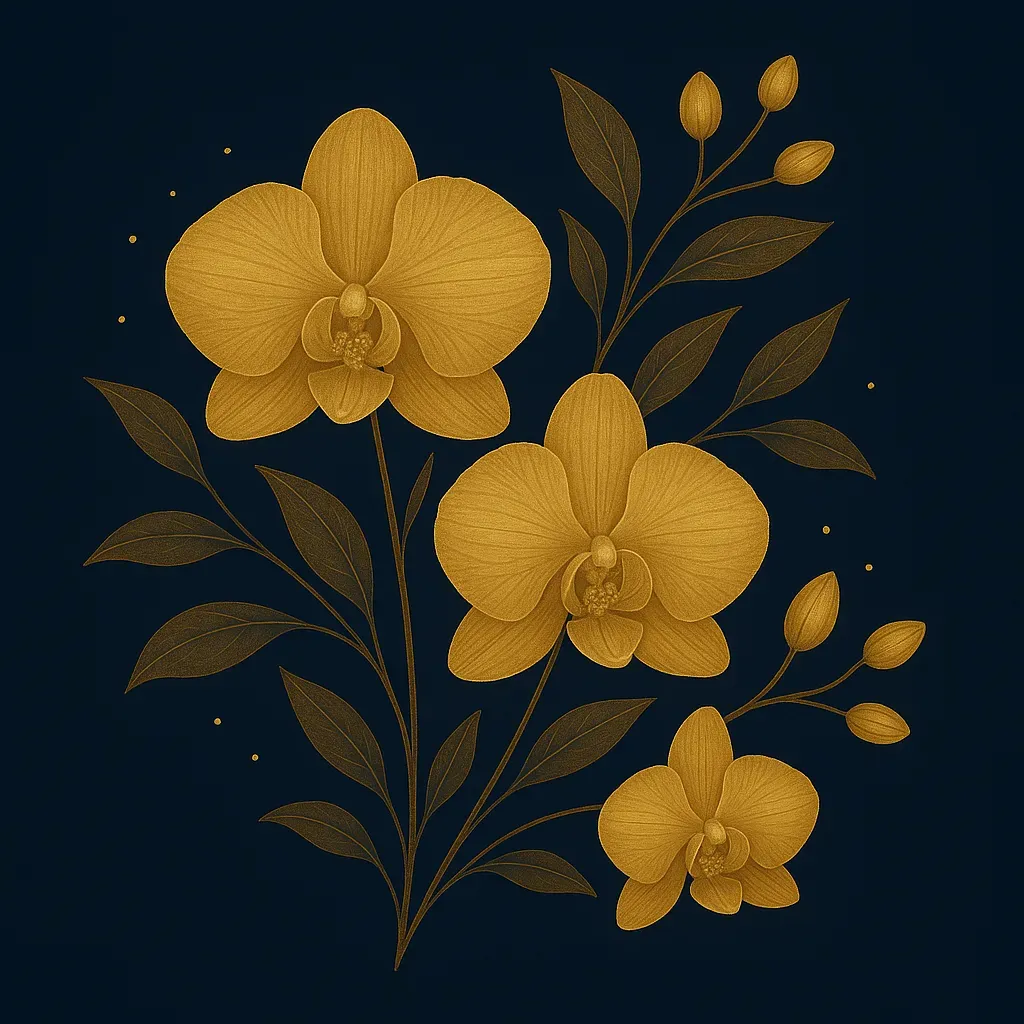 Illustration dorée d'orchidées raffinées sur fond bleu nuit.