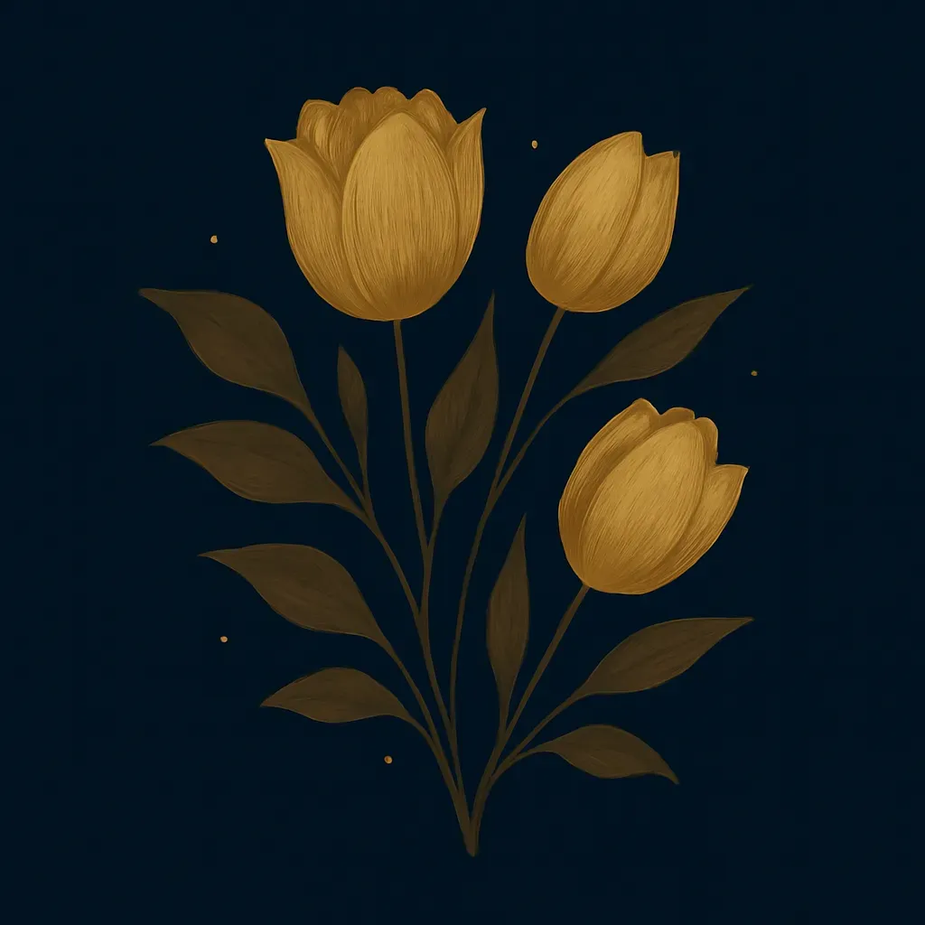 Illustration dorée de trois tulipes élégantes sur fond bleu nuit.