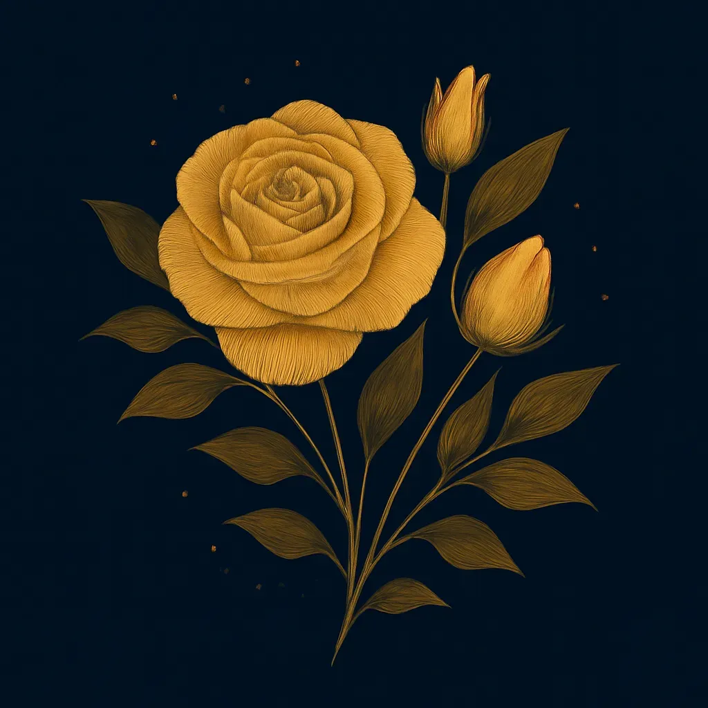 Illustration dorée d'une rose épanouie sur fond bleu nuit.