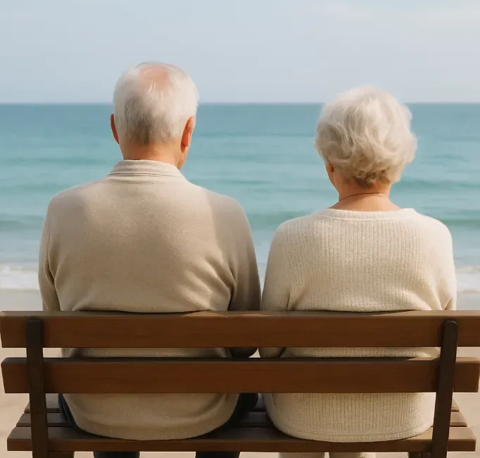 Vue arrière d'un couple de seniors assis sur un banc face à la mer.