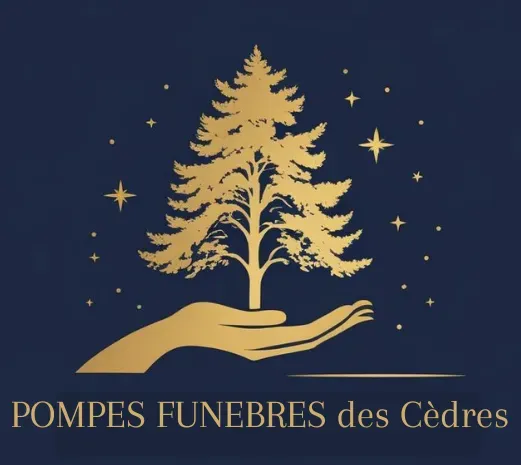 Logo officiel doré des Pompes Funèbres des Cèdres sur fond bleu nuit.